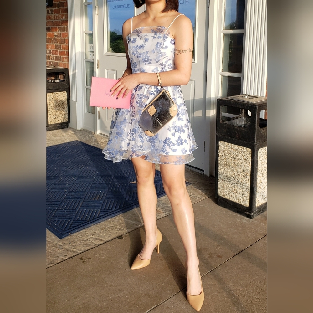 Handmade White Dress with Blue Floral Print - Picture 5 of 5